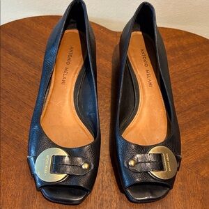 Antonio Melani Black Leather shoes  short wedge heel  gold tone buckle/rivet toe